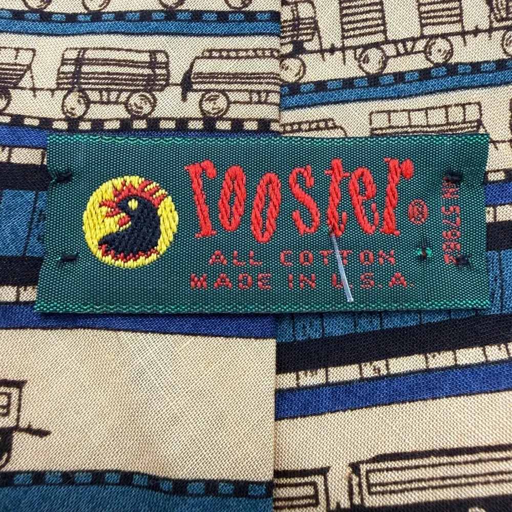 Rooster Train Locomotive Cotton Necktie Tan Blue Made in USA Novelty Tie